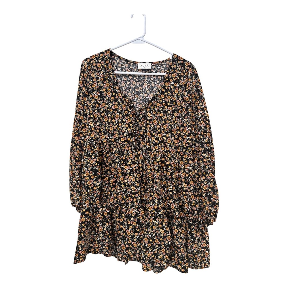 Aura Black Yellowโ Floral Print Long Sleeve Babydoll 100% Rayon Dress Women's S